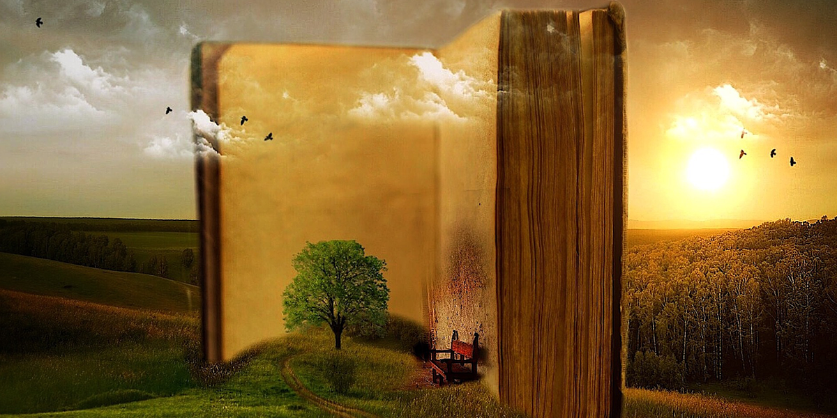 An artistic impression of countryside literature, featuring an oversized aged book embedded in a hillside, with tree and bench beneath
