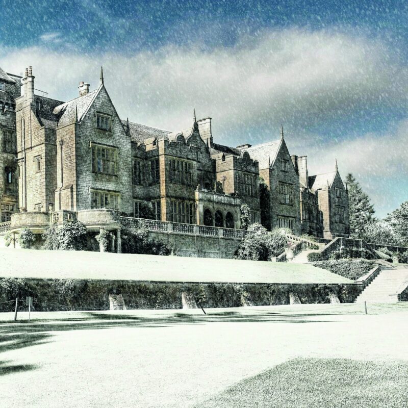 Snowy scene of Bovey Castle exterior